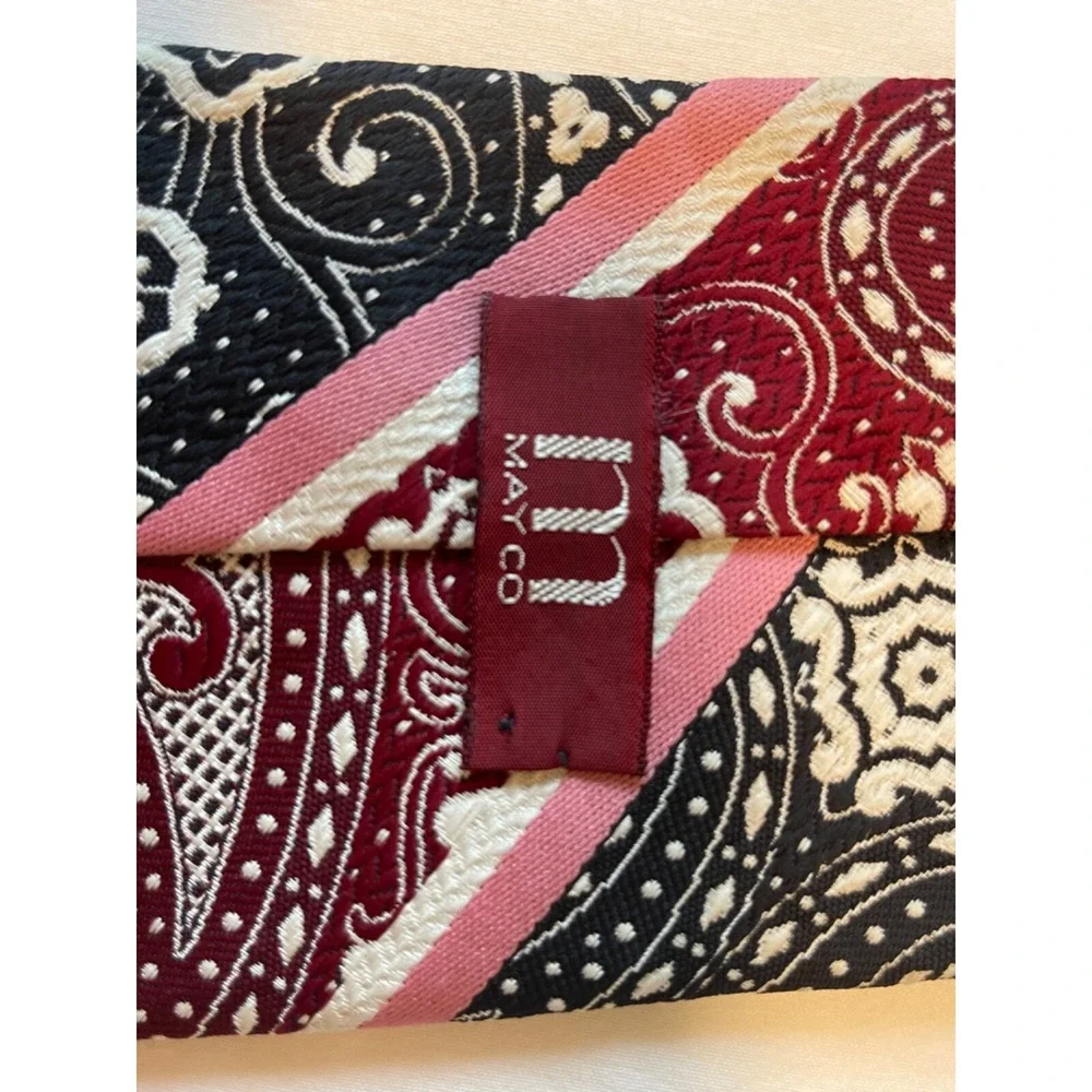 Neck Tie Qiana‎ Nylon- pink, white, navy, red From May Co. Very Unique Pattern!